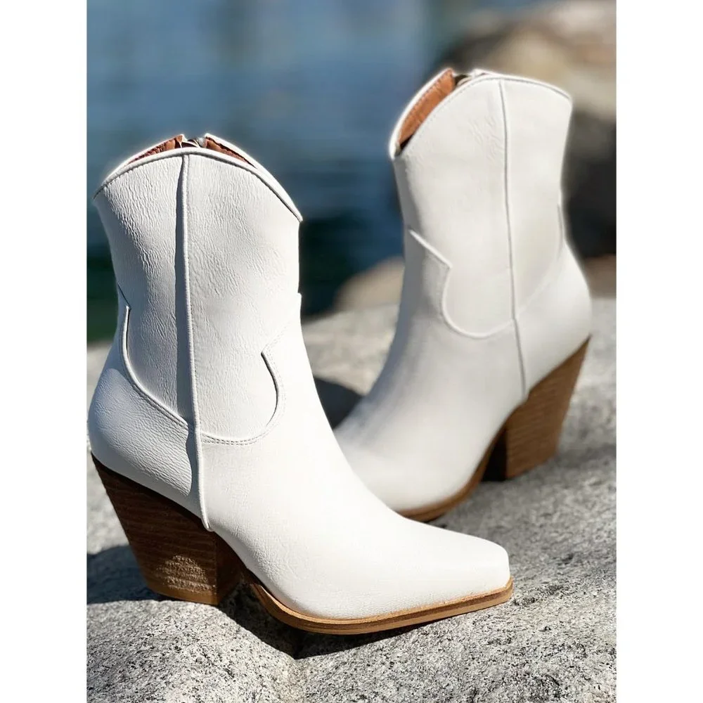 NEW Pointy Toe Stack Block Heel Western Curved Mid Ankle Booties Boots Off White - Picture 10 of 13
